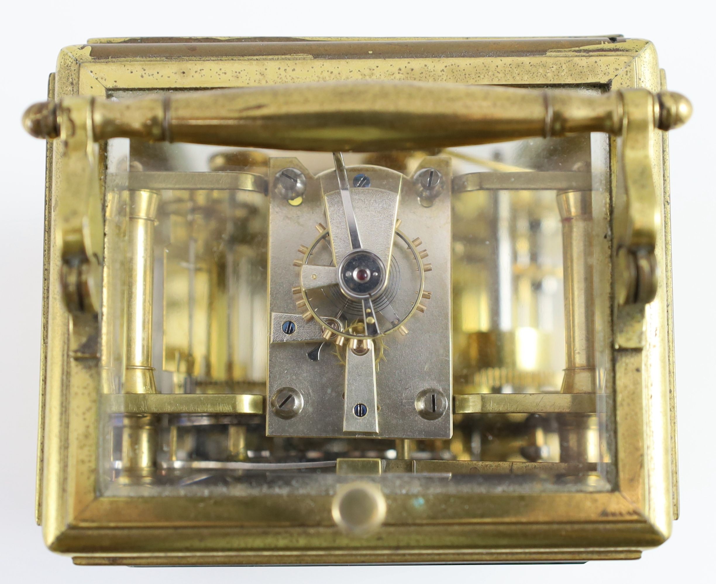 Aubert & Klaftenberger, Geneva. A late 19th century hour repeating carriage alarum clock, width 9cm depth 8cm height 14cm